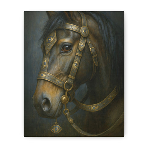 A rectangular, vertical matte canvas print depicting a classical, painterly portrait of a horse's head in profile. The horse is a deep, dark brown with a flowing black mane. It is adorned with an ornate and intricate bridle made of dark leather and burnished gold metal plates, featuring detailed scrollwork. A small, eye-shaped charm with a blue center dangles from the bridle near the horse's cheek. The lighting is dramatic chiaroscuro, with a soft light illuminating the horse's face.